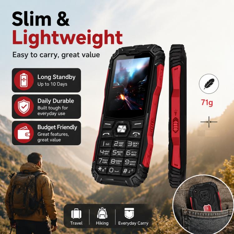HE248 Rugged Style Phone, 2.4 inch, 3D Keys Network: 2G, Dual SIM, BT, Torch, Russian Keyboard, No Power Plug