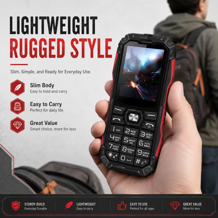 HE248 Rugged Style Phone, 2.4 inch, 3D Keys Network: 2G, Dual SIM, BT, Torch, Russian Keyboard, No Power Plug
