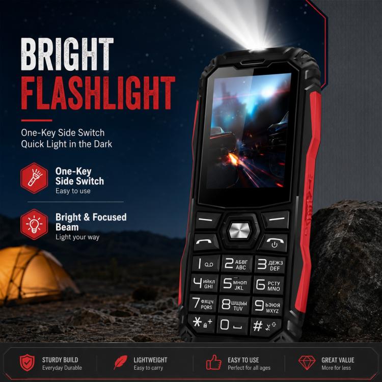 HE248 Rugged Style Phone, 2.4 inch, 3D Keys Network: 2G, Dual SIM, BT, Torch, Russian Keyboard, No Power Plug