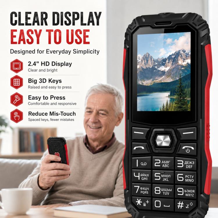 HE248 Rugged Style Phone, 2.4 inch, 3D Keys Network: 2G, Dual SIM, BT, Torch, Russian Keyboard, No Power Plug