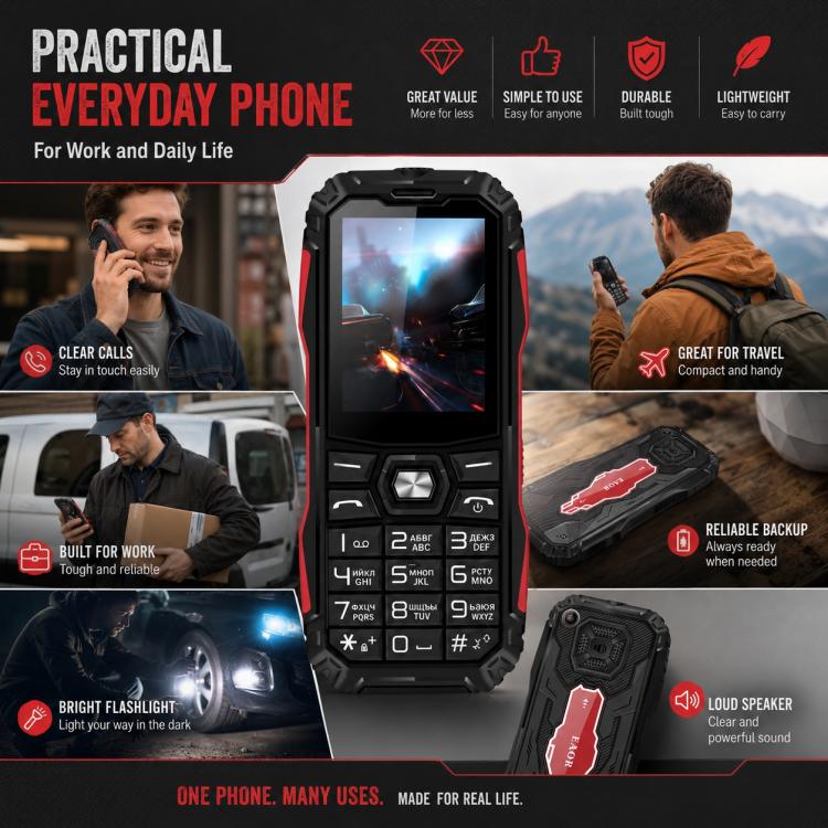 HE248 Rugged Style Phone, 2.4 inch, 3D Keys Network: 2G, Dual SIM, BT, Torch, Russian Keyboard, No Power Plug