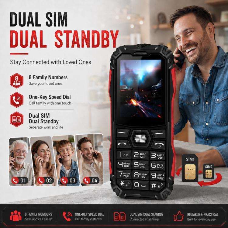 HE248 Rugged Style Phone, 2.4 inch, 3D Keys Network: 2G, Dual SIM, BT, Torch, Russian Keyboard, No Power Plug