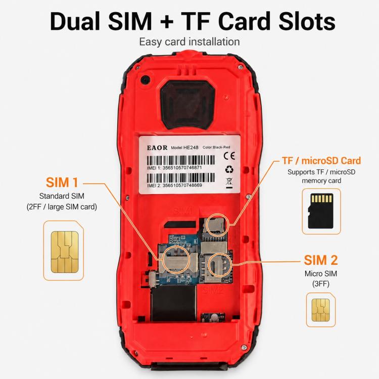 HE248 Rugged Style Phone, 2.4 inch, 3D Keys Network: 2G, Dual SIM, BT, Torch, Russian Keyboard, No Power Plug