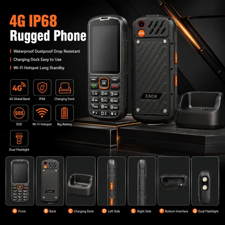 HP290Z 4G IP68 Rugged Phone, 2.8 inch, 3000mAh Battery, Network: 4G, BT, FM, SOS, Torch, With Charging Dock, EU Plug, US Plug, UK Plug