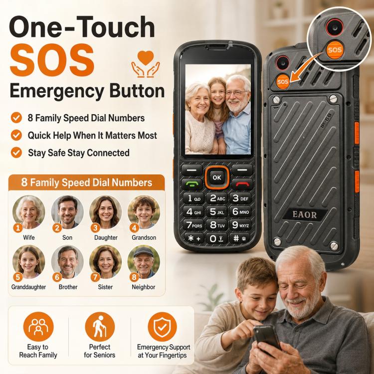 HP290Z 4G IP68 Rugged Phone, 2.8 inch, 3000mAh Battery, Network: 4G, BT, FM, SOS, Torch, With Charging Dock, EU Plug, US Plug, UK Plug