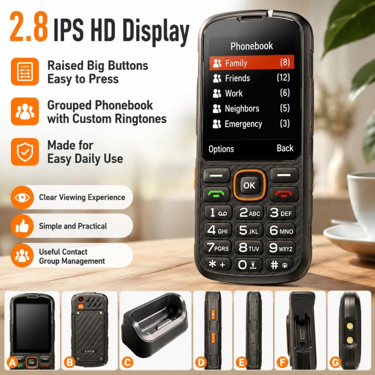 HP290Z 4G IP68 Rugged Phone, 2.8 inch, 3000mAh Battery, Network: 4G, BT, FM, SOS, Torch, With Charging Dock, EU Plug, US Plug, UK Plug