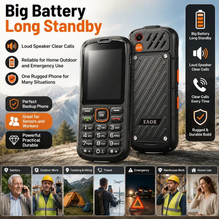 HP290Z 4G IP68 Rugged Phone, 2.8 inch, 3000mAh Battery, Network: 4G, BT, FM, SOS, Torch, With Charging Dock, EU Plug, US Plug, UK Plug
