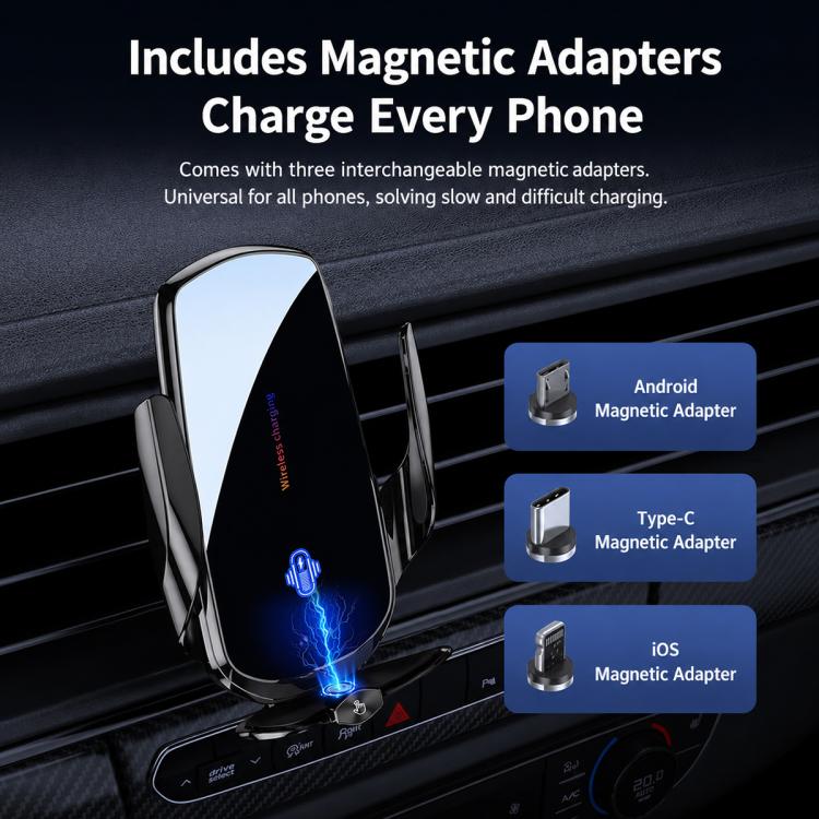 F4 Smart Infrared Sensing  Car Magnetic Wireless Charging Phone Holder, Gunmetal, Silver