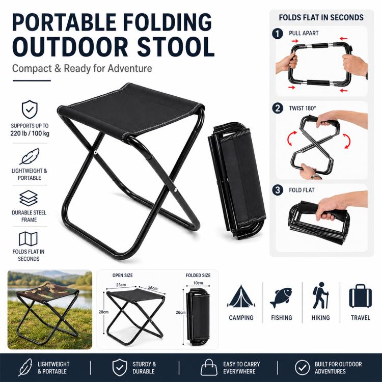 Portable Folding Outdoor Stool Mini Chair for Travel Fishing, Small-Red, Small-Black, Small-Blue Camo, Small-Green Camo, Large-Red, Large-Black, Large-Blue Camo, Extra Large-Black, Extra Large-Blue Camo, Extra Large-Green Camo