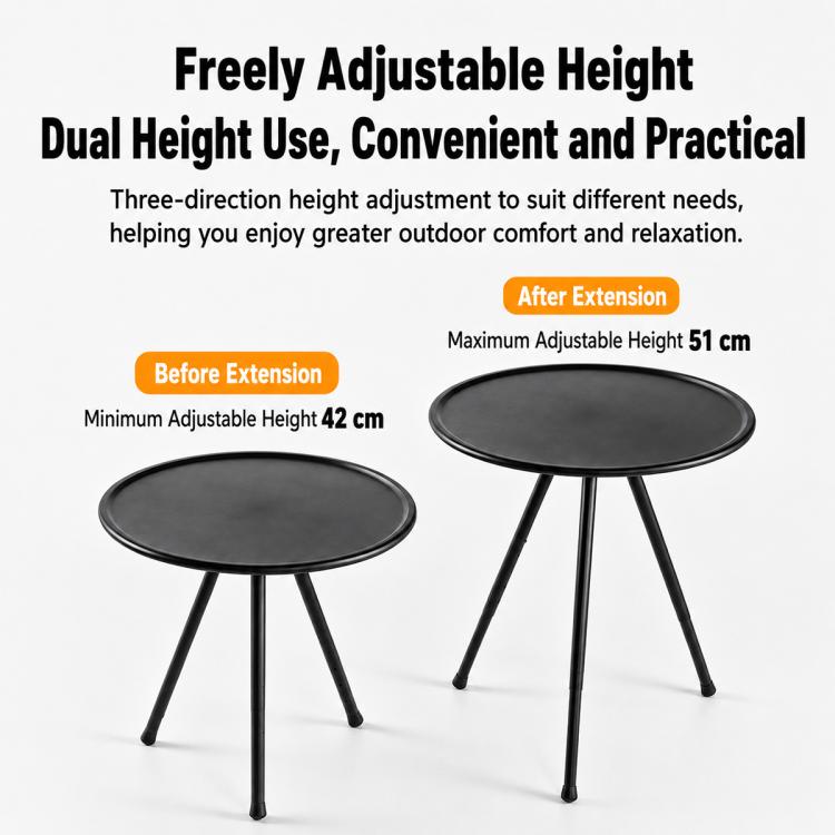 Outdoor Camping Small Round Table with 5-Level Height Adjustment, Base Version, Light Bracket