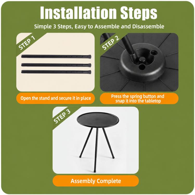 Outdoor Camping Small Round Table with 5-Level Height Adjustment, Base Version, Light Bracket