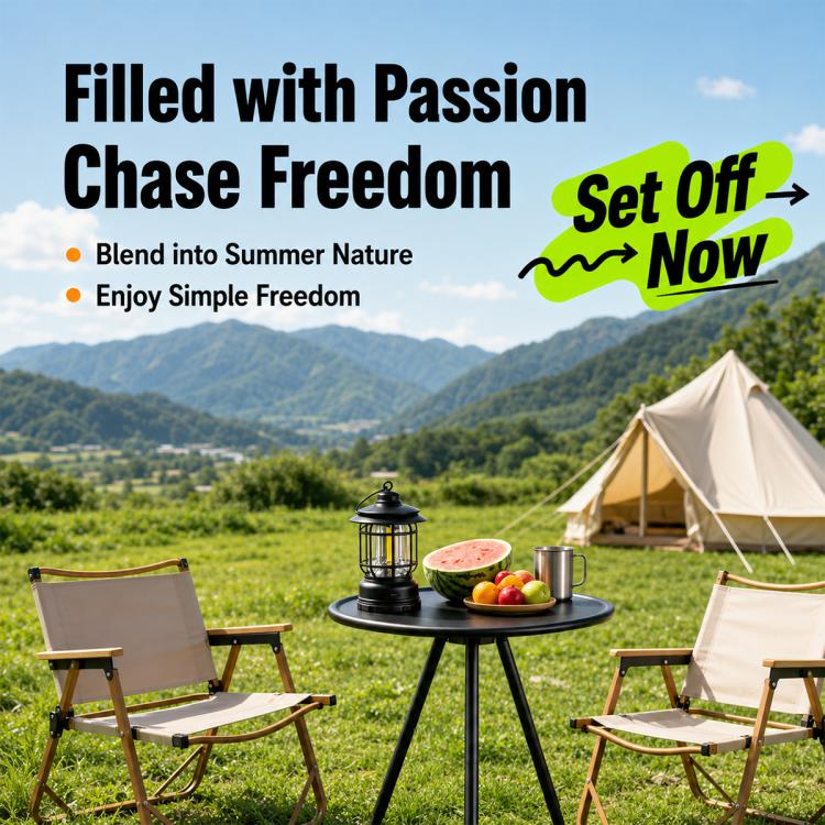 Outdoor Camping Small Round Table with 5-Level Height Adjustment, Base Version, Light Bracket