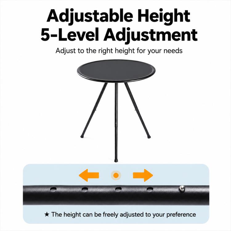 Outdoor Camping Small Round Table with 5-Level Height Adjustment, Base Version, Light Bracket