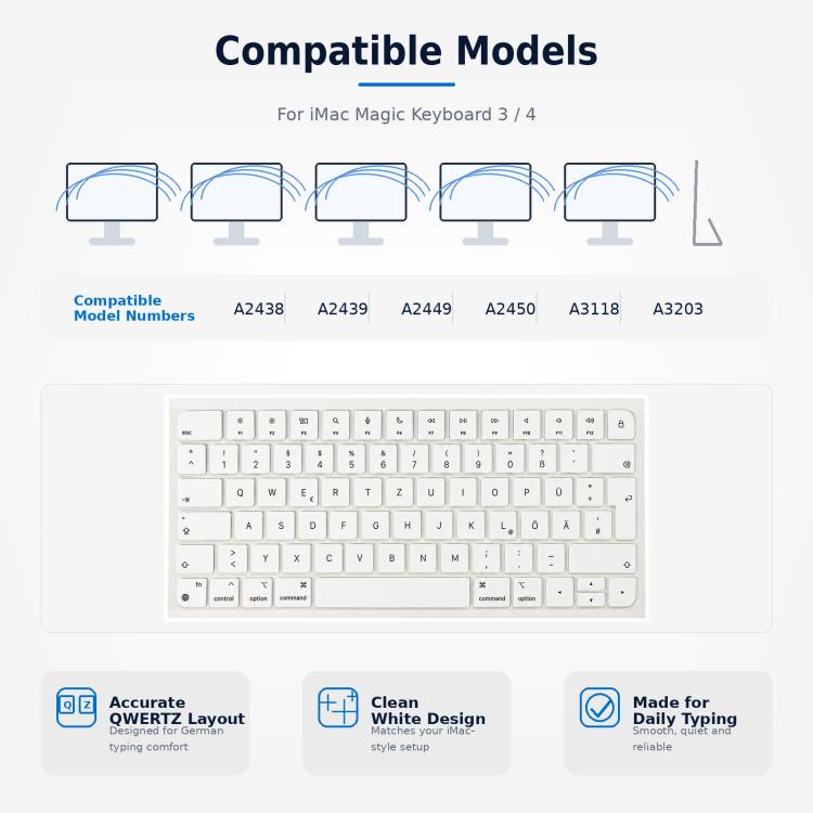 For MacBook A2438 A2439 A2449 A2450 A3118 A3203 Magic Keyboard 3 Magic Keyboard 4 Keycaps(White), German, French