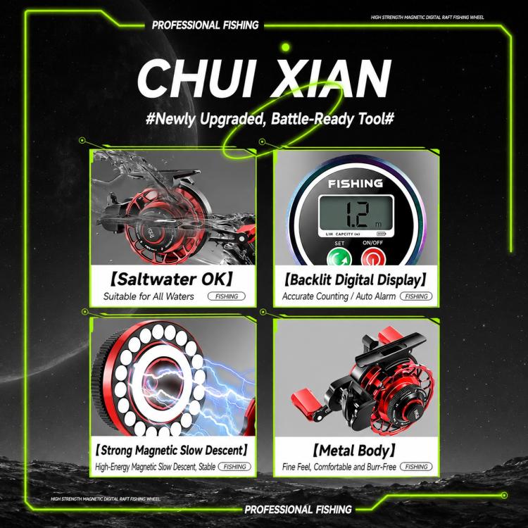 Magnetic Slow Descent Saltwater Raft Fishing Metal Reel, Basic-Left, Basic-Right, Line Guide-Left, Line Guide-Right, Digital Display & Line Guide-Left, Digital Display & Line Guide-Right