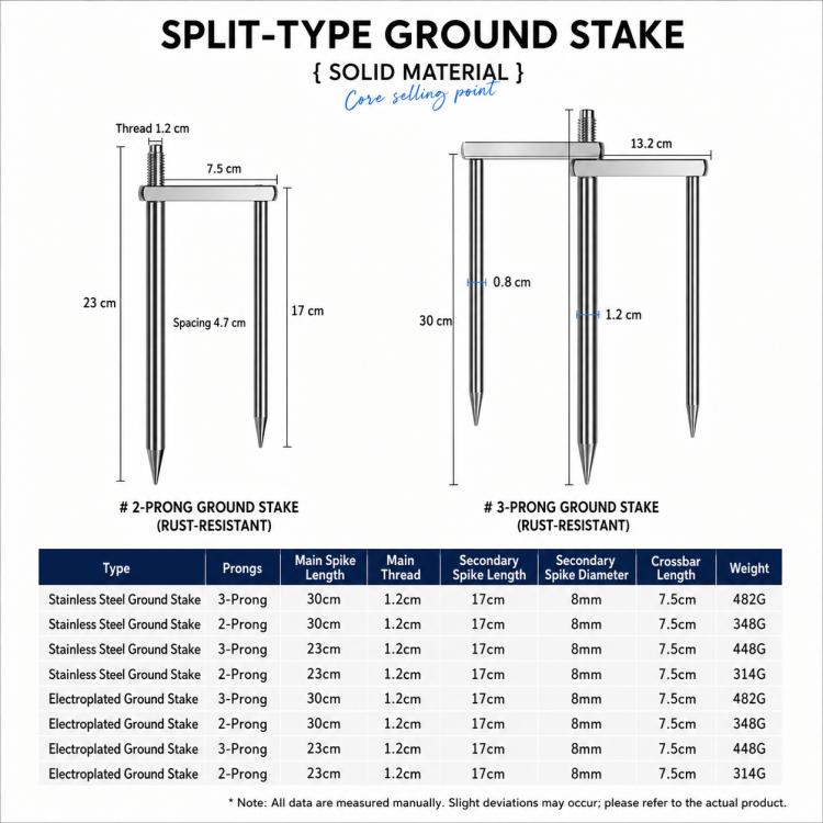Detachable Umbrella Ground Stake Anti-Wind Peg with 12mm Universal Thread Interface, Chrome-Plated 23cm 2-Prong, Chrome-Plated 23cm 3-Prong, Chrome-Plated 30cm 2-Prong, Chrome-Plated 30cm 3-Prong, Stainless Steel 23cm 2-Prong, Stainless Steel 23cm 3-Pr...