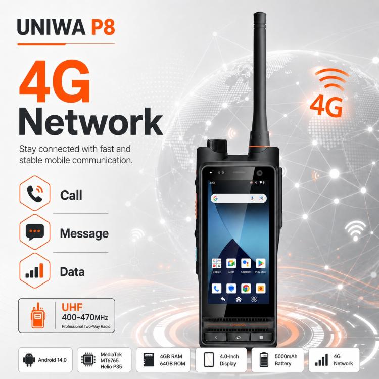 UNIWA P4 UHF Walkie-Talkie Rugged Phone, 4GB+64GB, 4.0 inch Android 14.0 Mediatek MT6762 Octa Core, Network: 4G, OTG, EU Plug, US Plug, UK Plug, AU Plug