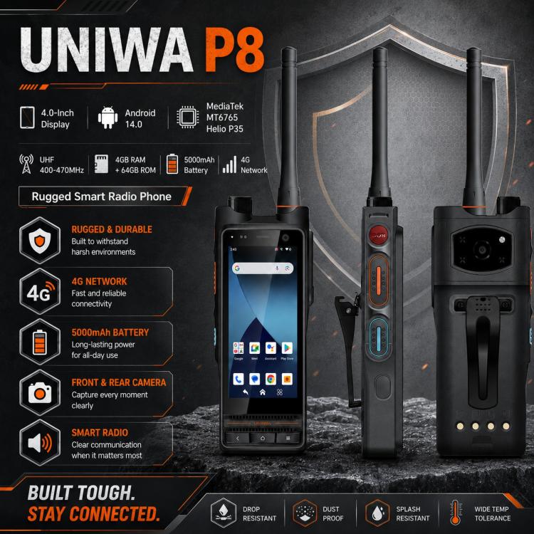 UNIWA P4 UHF Walkie-Talkie Rugged Phone, 4GB+64GB, 4.0 inch Android 14.0 Mediatek MT6762 Octa Core, Network: 4G, OTG, EU Plug, US Plug, UK Plug, AU Plug