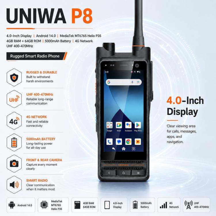 UNIWA P4 UHF Walkie-Talkie Rugged Phone, 4GB+64GB, 4.0 inch Android 14.0 Mediatek MT6762 Octa Core, Network: 4G, OTG, EU Plug, US Plug, UK Plug, AU Plug