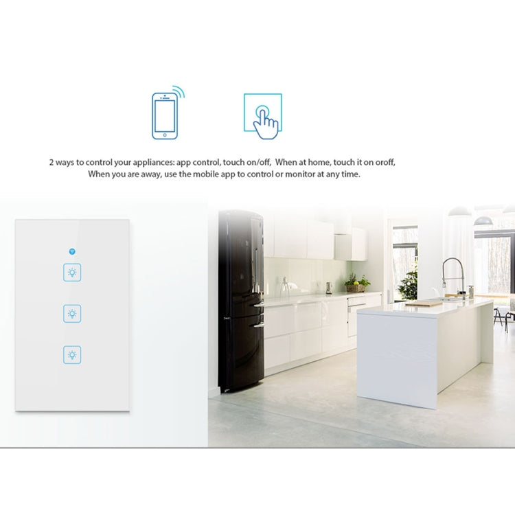 WS-US-03 EWeLink APP & Touch Control 2A 3 Gangs Tempered Glass Panel Smart Wall Switch, AC 90V-250V, US Plug, 3 Gangs