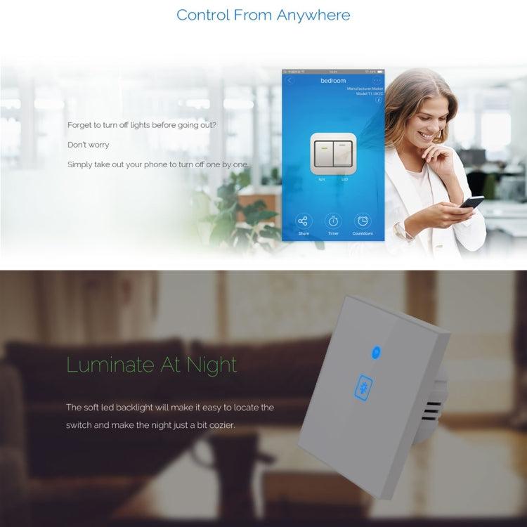 WS-EU-02 EWeLink APP & Touch Control 2A 2 Gangs Tempered Glass Panel Smart Wall Switch, AC 90V-250V, EU Plug, 2 Gangs