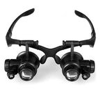 10X 15X 20X 25X Double Eye Glasses Lens Jeweler Watch Repair Head Magnifier with 2 LED Lights(Black), 9892G