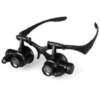 10X 15X 20X 25X Double Eye Glasses Lens Jeweler Watch Repair Head Magnifier with 2 LED Lights(Black), 9892G