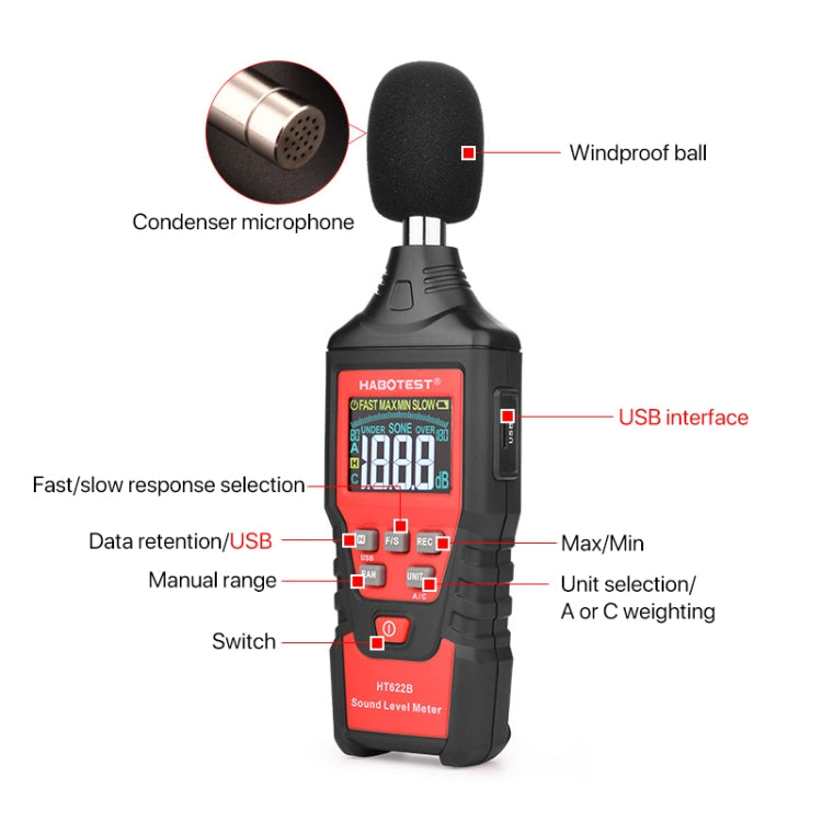 HABOTEST HT622B Household High Precision Digital Sound Level Meter, HT622B