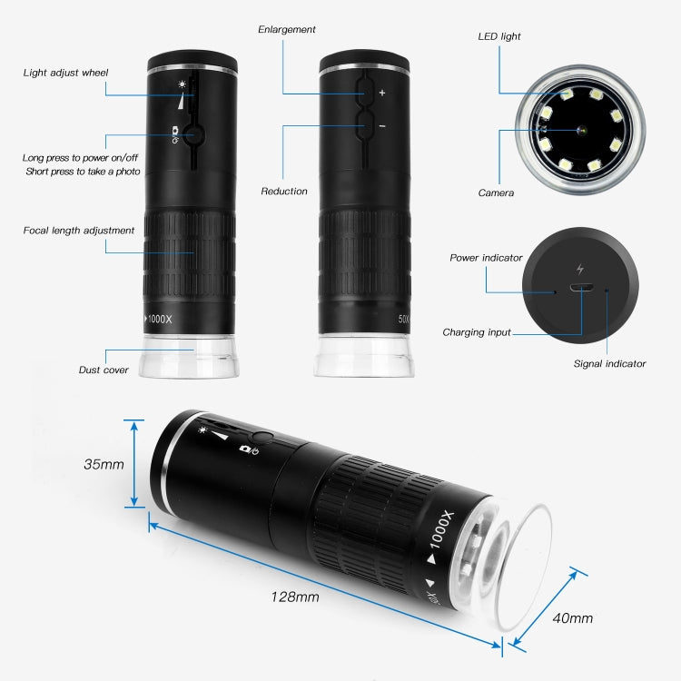 F210 HD 1080P WIFI 1000X Magnification Digital Microscope with 8 LED Light, F210 Silver