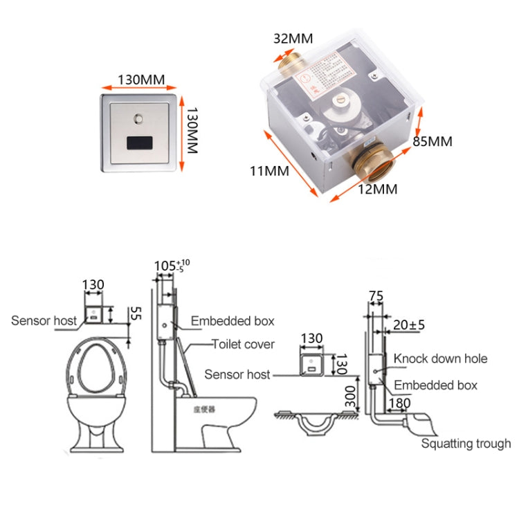 Recessed Wall in Type Flush Valve for Auto-induction Toilet, with Infrared Automatic Function DC AC, Automatic DC AC
