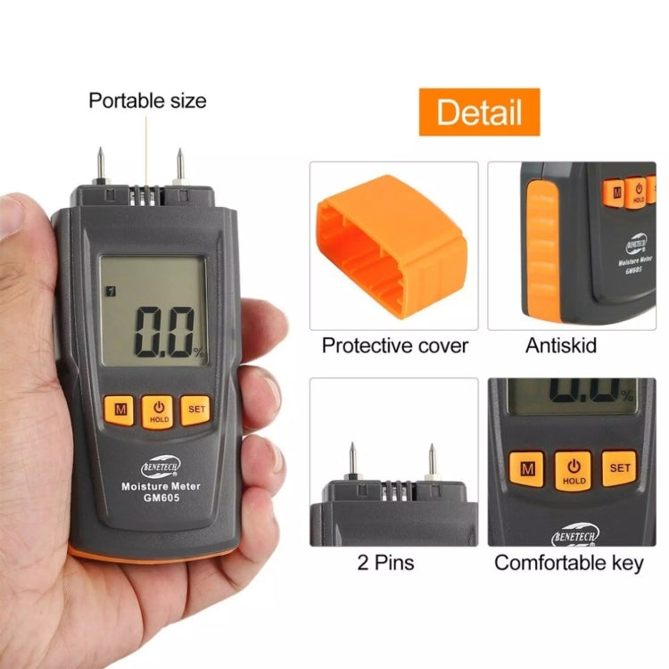 BENETECH GM605 Digital Wood Moisture Meter Humidity Tester Timber Damp Detector, GM605