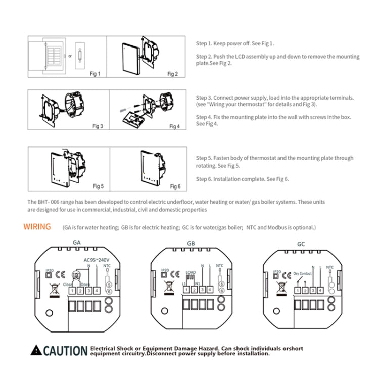 BHT-006GALW 95-240V AC 5A Smart Home Heating Thermostat for EU Box, Control Water Heating with Only Internal Sensor & WiFi Connection, BHT-006GALW