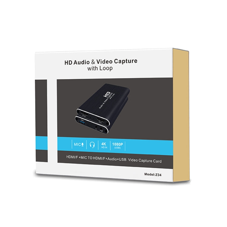 Z34 HDMI Female + Mic to HDMI Female + Audio + USB HD Video & Audio Capture Card with Loop, Z34