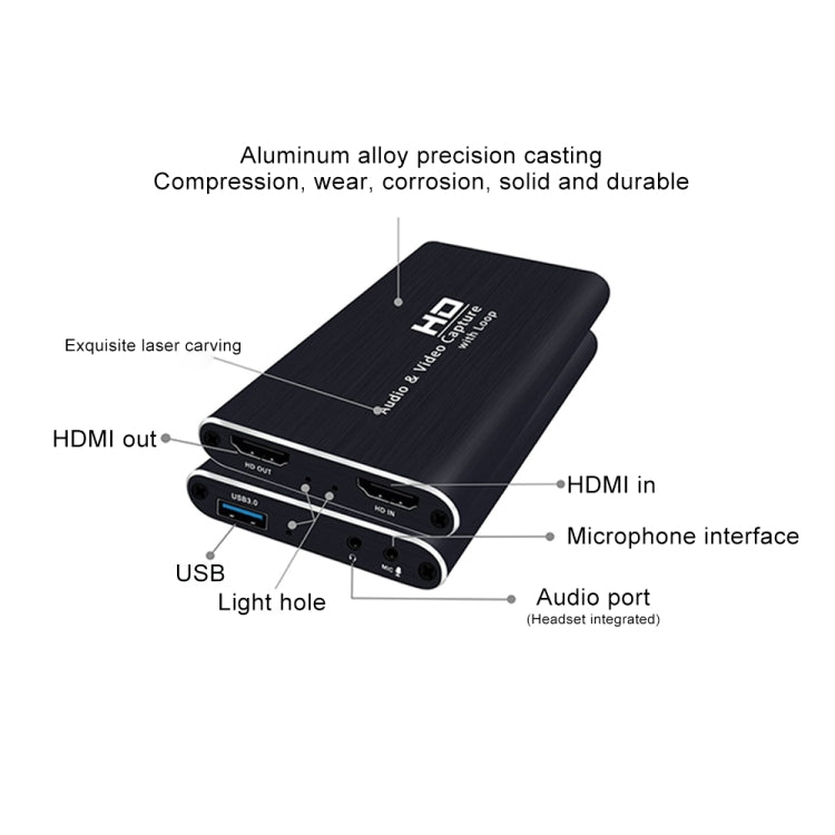 Z34 HDMI Female + Mic to HDMI Female + Audio + USB HD Video & Audio Capture Card with Loop, Z34