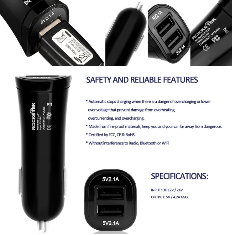 ROCKETEK CC2P DC 5V 4.2A Dual USB Smart Car Charger, CC2P