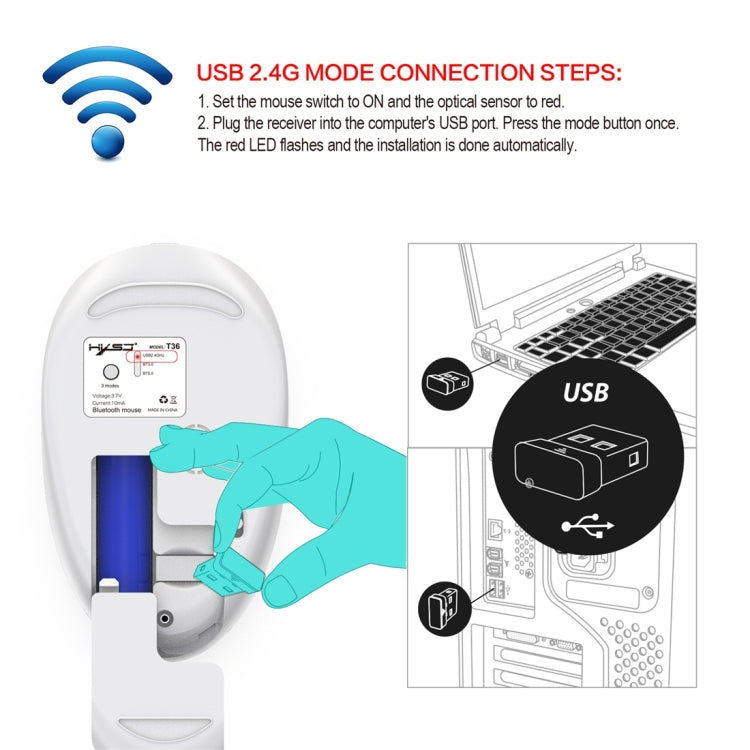 HXSJ T36 2.4G Bluetooth 5.0+3.0 Three-mode Silent Design Wireless Bluetooth Mouse