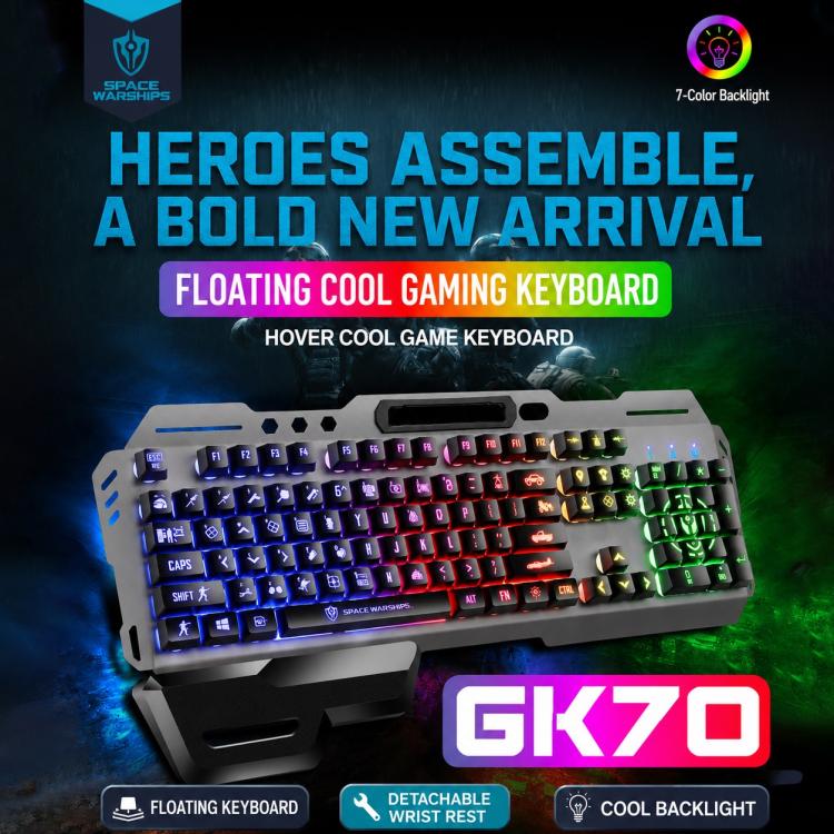 SHIPADOO GK70 Wired RGB Floating Detachable Hand Rest Character Translucent Three-color Switching Gaming Keyboard, Three-color Switching