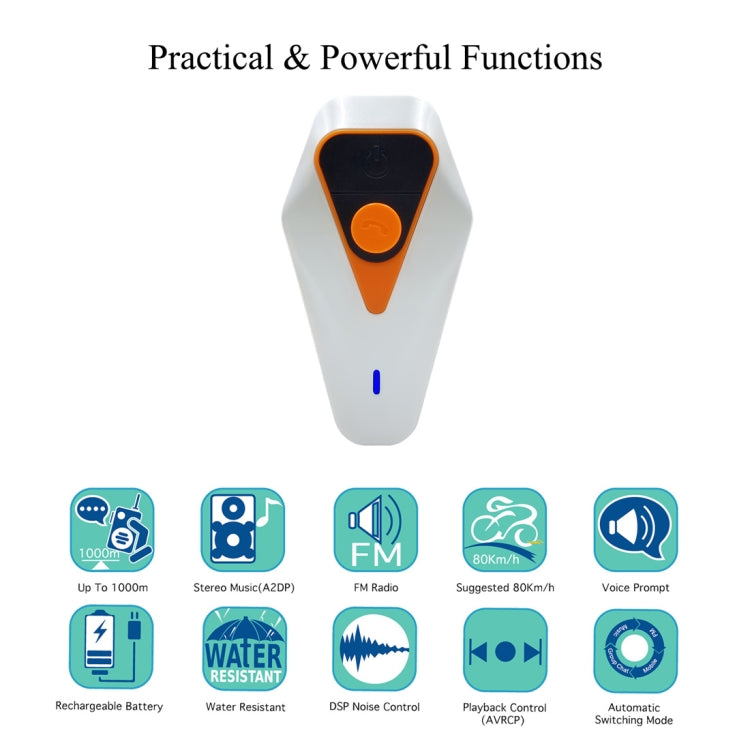 WT002 1000m IPX5 Waterproof Motorcycle 2 Users Full Duplex Talking Bluetooth Intercom Multi-Interphone Headsets, Support Receive Calling & Listen Music & Noise Reduction, WT002