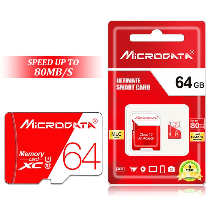 MICRODATA 64GB High Speed U3 Red and White TF Memory Card, 64GB