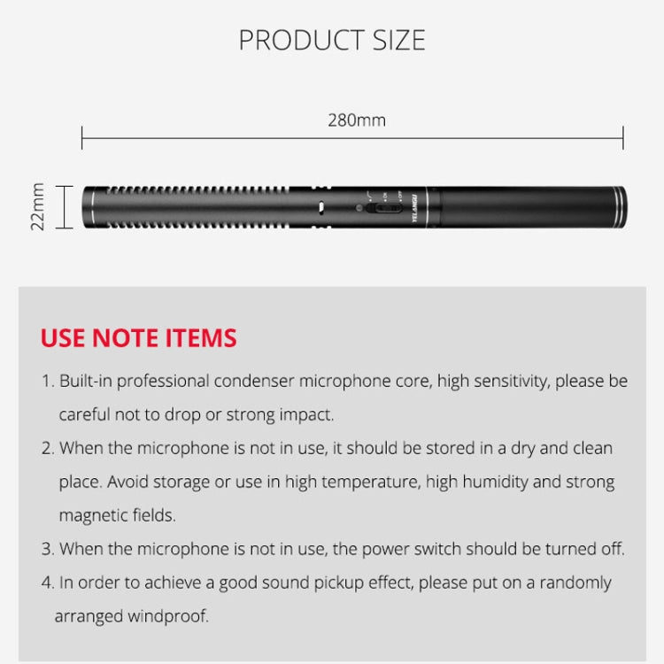 YELANGU YLG9933A MIC07 Professional Interview Condenser Video Shotgun Microphone with 6.5mm Audio Adapter & 3.5mm RXL Audio Cable