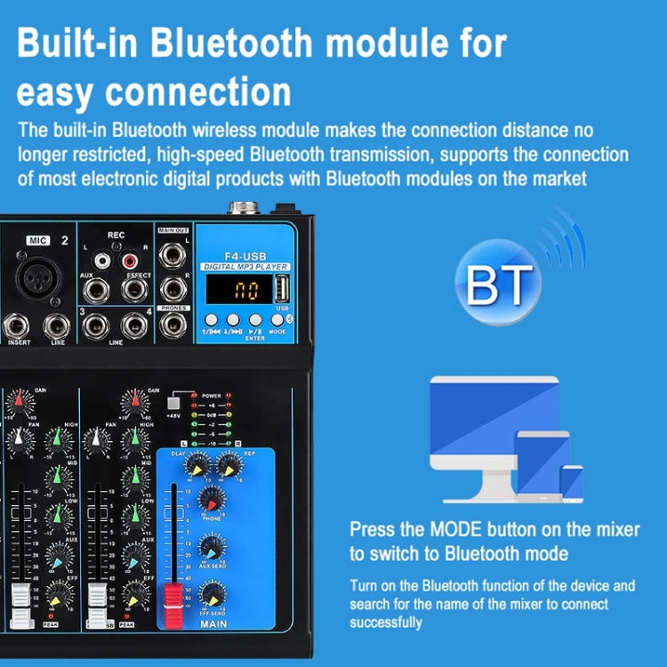 F4 Home 4-channel Bluetooth USB Reverb Mixer, US Plug, F4 US Plug
