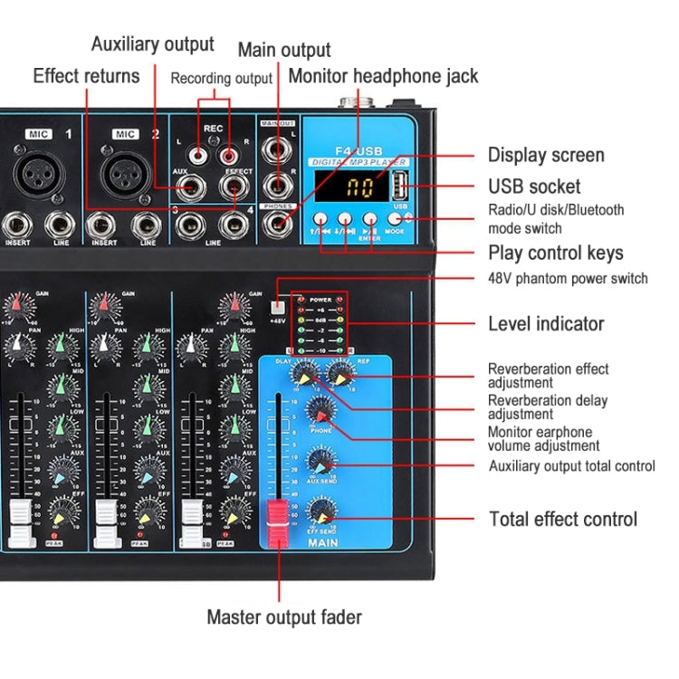 F4 Home 4-channel Bluetooth USB Reverb Mixer, EU Plug, F4 EU Plug