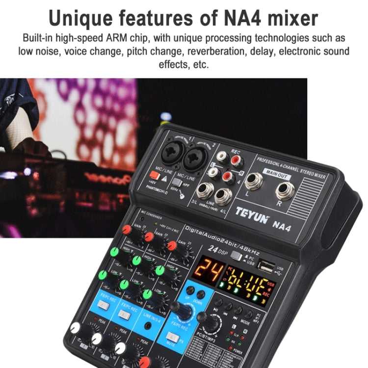 TEYUN NA4 4-channel Small Mixing Console Mobile Phone Sound Card Live Broadcast Computer Recording Console Processor, US Plug, NA4 US Plug