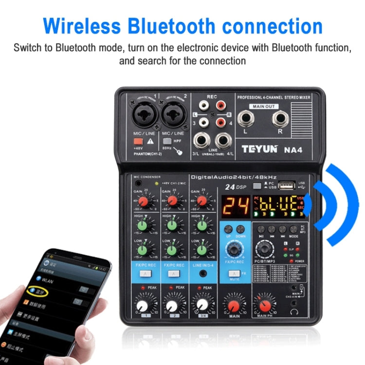 TEYUN NA4 4-channel Small Mixing Console Mobile Phone Sound Card Live Broadcast Computer Recording Console Processor, US Plug, NA4 US Plug