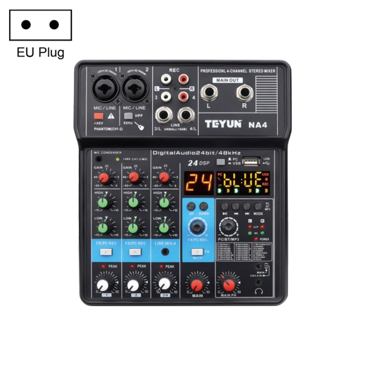 TEYUN NA4 4-channel Small Mixing Console Mobile Phone Sound Card Live Broadcast Computer Recording Console Processor, EU Plug, NA4 EU Plug