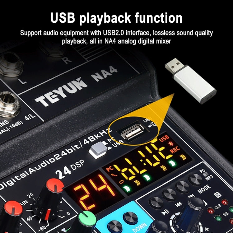 TEYUN NA4 4-channel Small Mixing Console Mobile Phone Sound Card Live Broadcast Computer Recording Console Processor, EU Plug, NA4 EU Plug