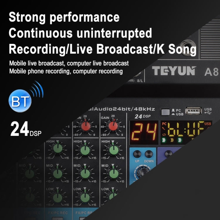TEYUN NA8 8-channel Small Mixing Console Mobile Phone Sound Card Live Broadcast Computer Recording Console Processor, EU Plug, NA8 EU Plug