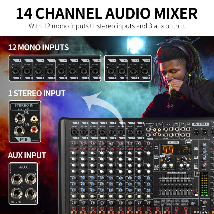 XTUGA B1404FX 14 Channels Bluetooth Audio Mixer Digital DJ Controller Sound Mixing Console, B1404FX