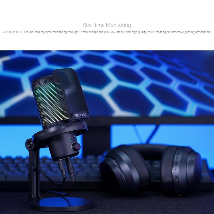 FEELWORLD VM1 USB Condenser Gaming Microphone for Streaming Noise Cancellation Mute RGB Light Desktop Stand, VM1-XS