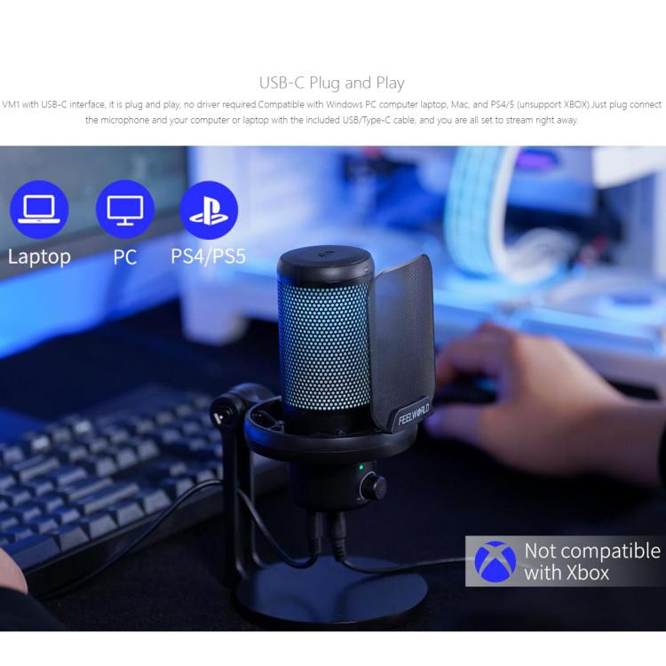 FEELWORLD VM1 USB Condenser Gaming Microphone for Streaming Noise Cancellation Mute RGB Light Desktop Stand, VM1-XS